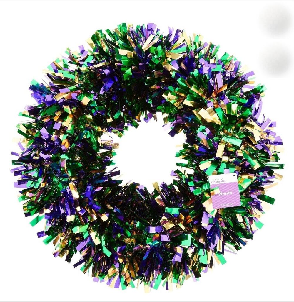 NEW! Mardi Gras 17 inch Round Tinsel Wreath Green Purple Gold Door Decor Holiday